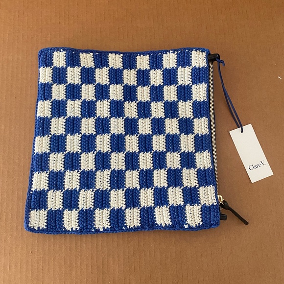 Clare V. Foldover Clutch "Cobalt/Cream Crochet Checker" - Picture 3 of 7